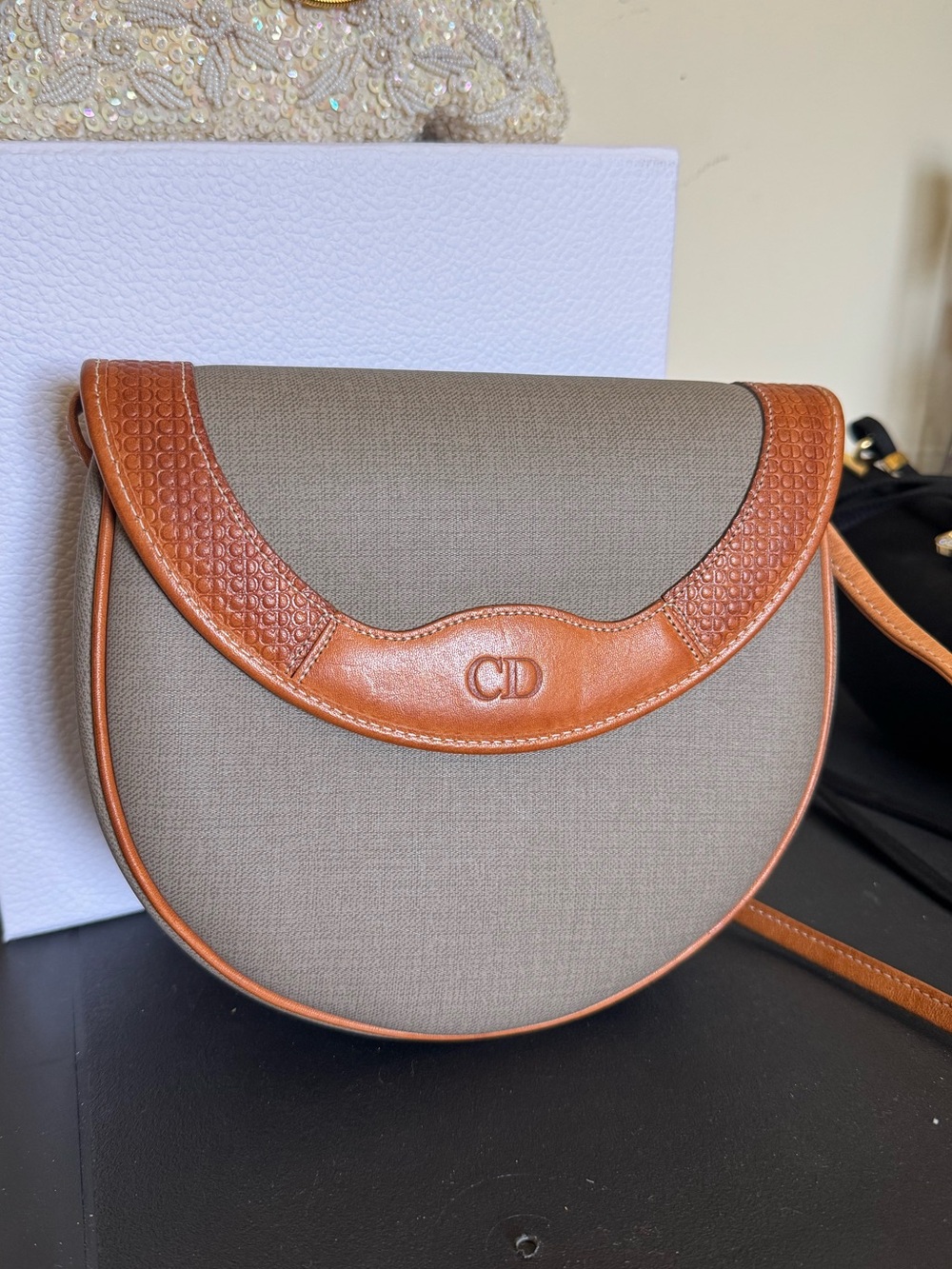 Christian Dior Vintage 1980’s Canvas Leather Crossbody Flap Bag in Gray & Tan